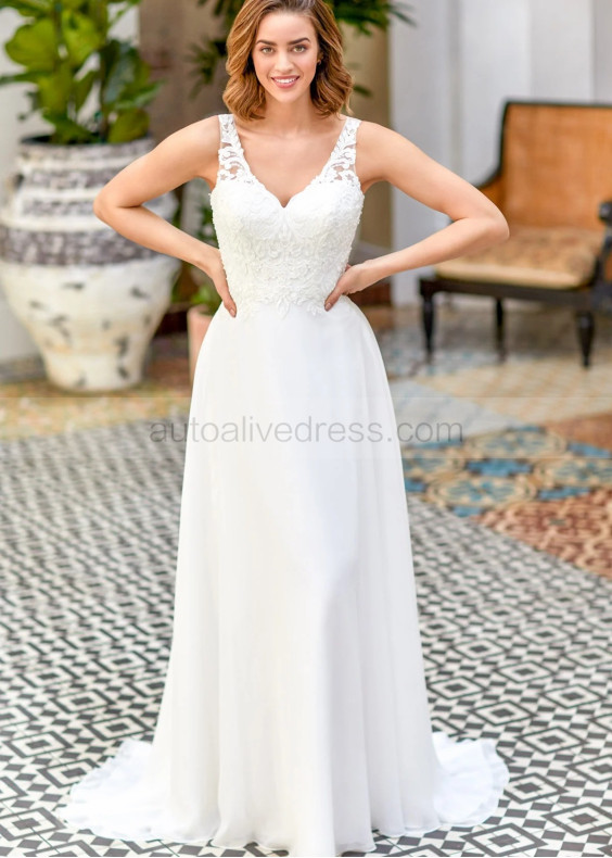 Beaded Ivory Lace Chiffon Flowing Wedding Dress